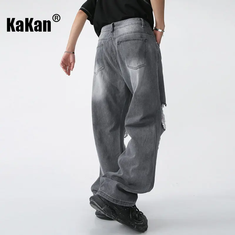 Kakan - American Style New Street Style Distressed Jeans for Men, Trendy Loose Fitting Straight Leg Wide Leg Long Jeans K50-473