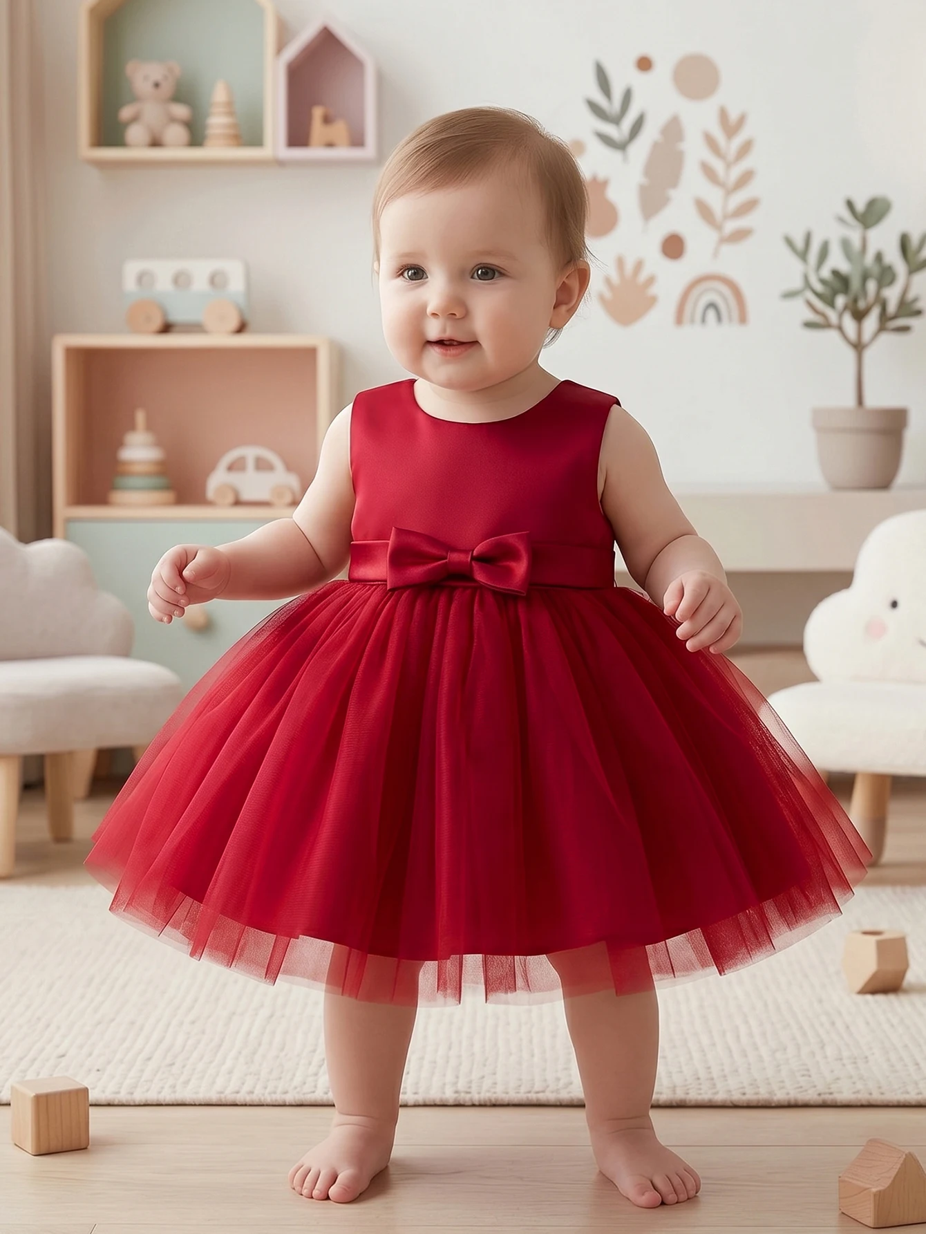 Baby Girls 1 Years Old Burgundy Net Puffy Dress for Baby Shower, Birthday Party, Wedding.Decorated with Bow.Flower Girl Dress