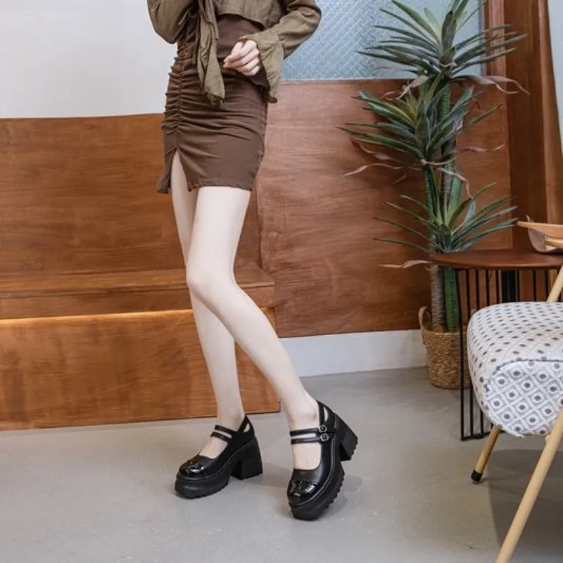 Fujin 10cm Patent Genuine Leather Breathable Pumps Summer Ankle Boots Chunky Heels Mary Jane Buckle Platform Autumn Spring Shoes image 5
