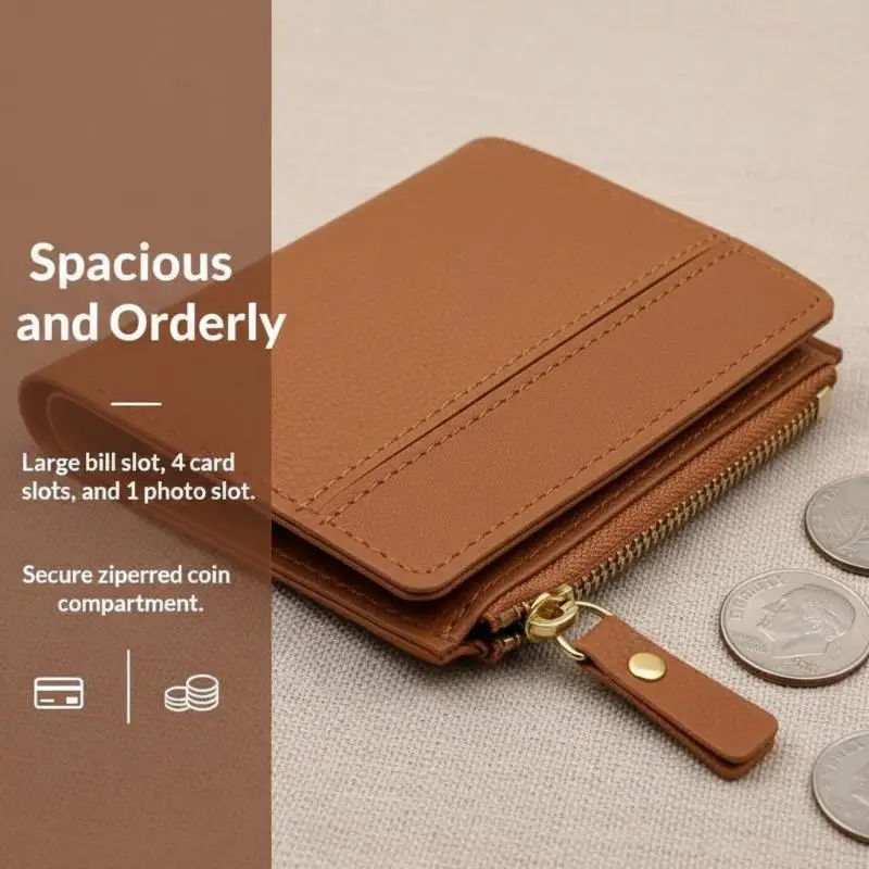 Zipper Closure Women's Small PU Leather Wallet Solid Color Short Simple Purse with Card Slots for Shopping Travel