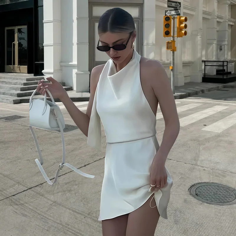 Women White Satin Elegant Sexy Backless Scarf Ribbon Neck Lace-up A-line Luxury Evening Dress