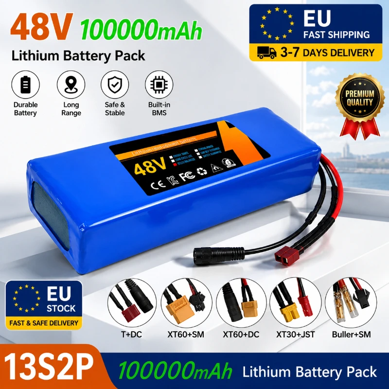 Image of 48V 100Ah Lithium-Ionen-Akkupack 13S2P 100000mAh mit Smart BMS für E-Bike und E-Scooter 250W 350W 500W 750W 1000W Motor, inklusive kostenlosem 54,6V Ladegerät, lange Lebensdauer