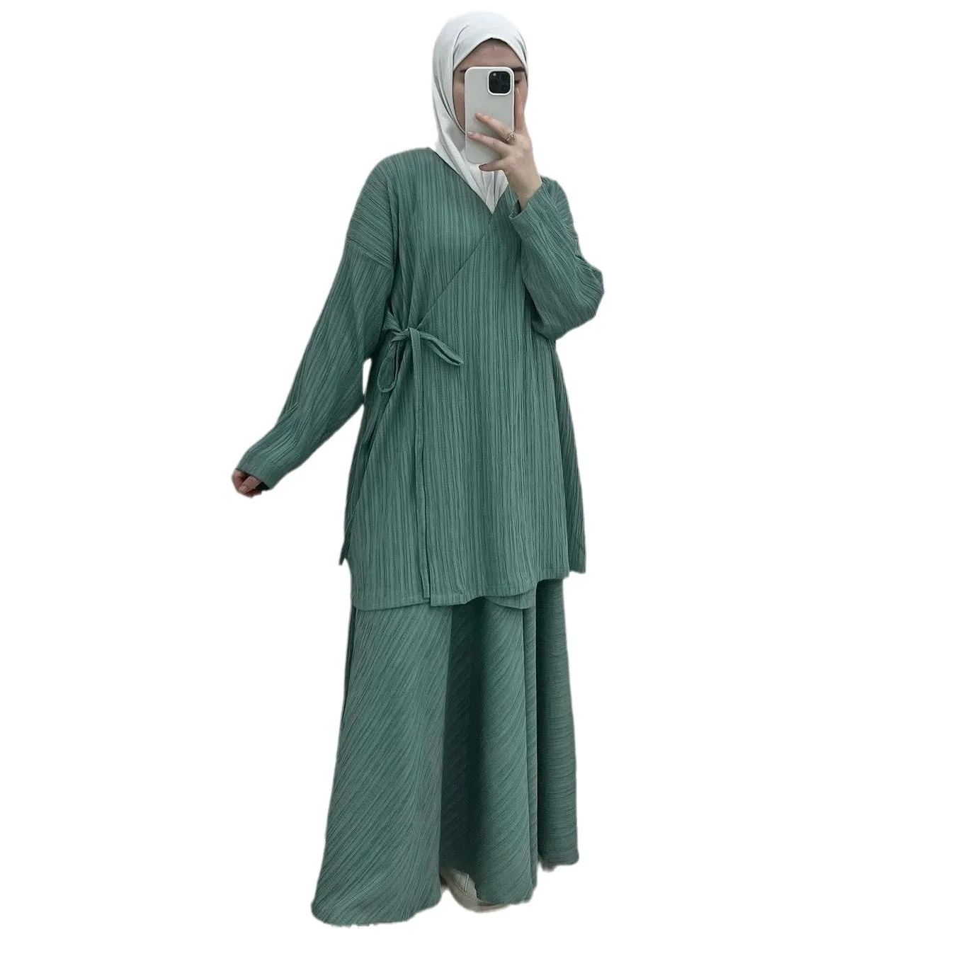 Women Eid Muslim Sets Blouses Loose Skirts Musulman Ensemble Dubai Islam Solid Modest Ramadan Casual Pleated Two Pieces