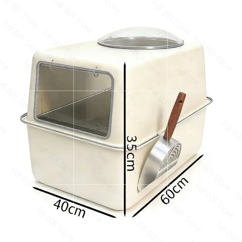 All-Stainless Steel Enclosed Litter Box, Extra-Large Glass “Space Capsule” Box with Splash Guard and Anti-Scatter Design