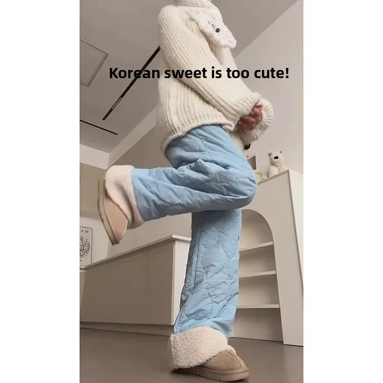 الأزرق لامب المخملية عالية الخصر الدافئة سراويل تقليدية المرأة الخريف الشتاء سراويل قطنية مريحة فضفاضة تناسب مستقيم الساق السراويل