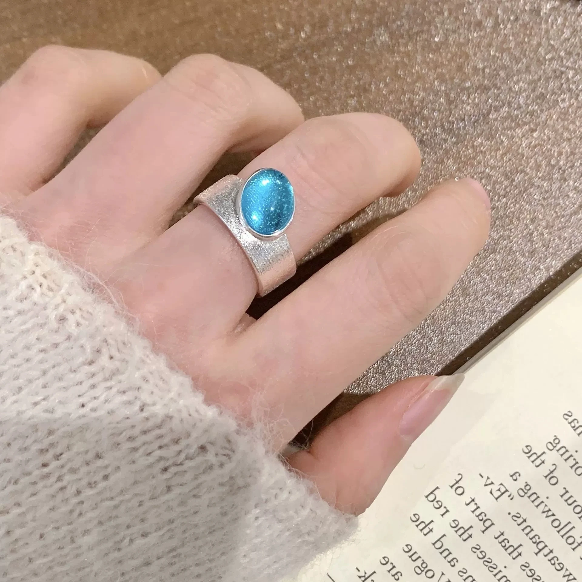 Exquisite Blue Zircon Matte Wide Adjustable Open Rings For Women Sweet Cool Fashion New Jewelry Gift Party Vacation кольцо