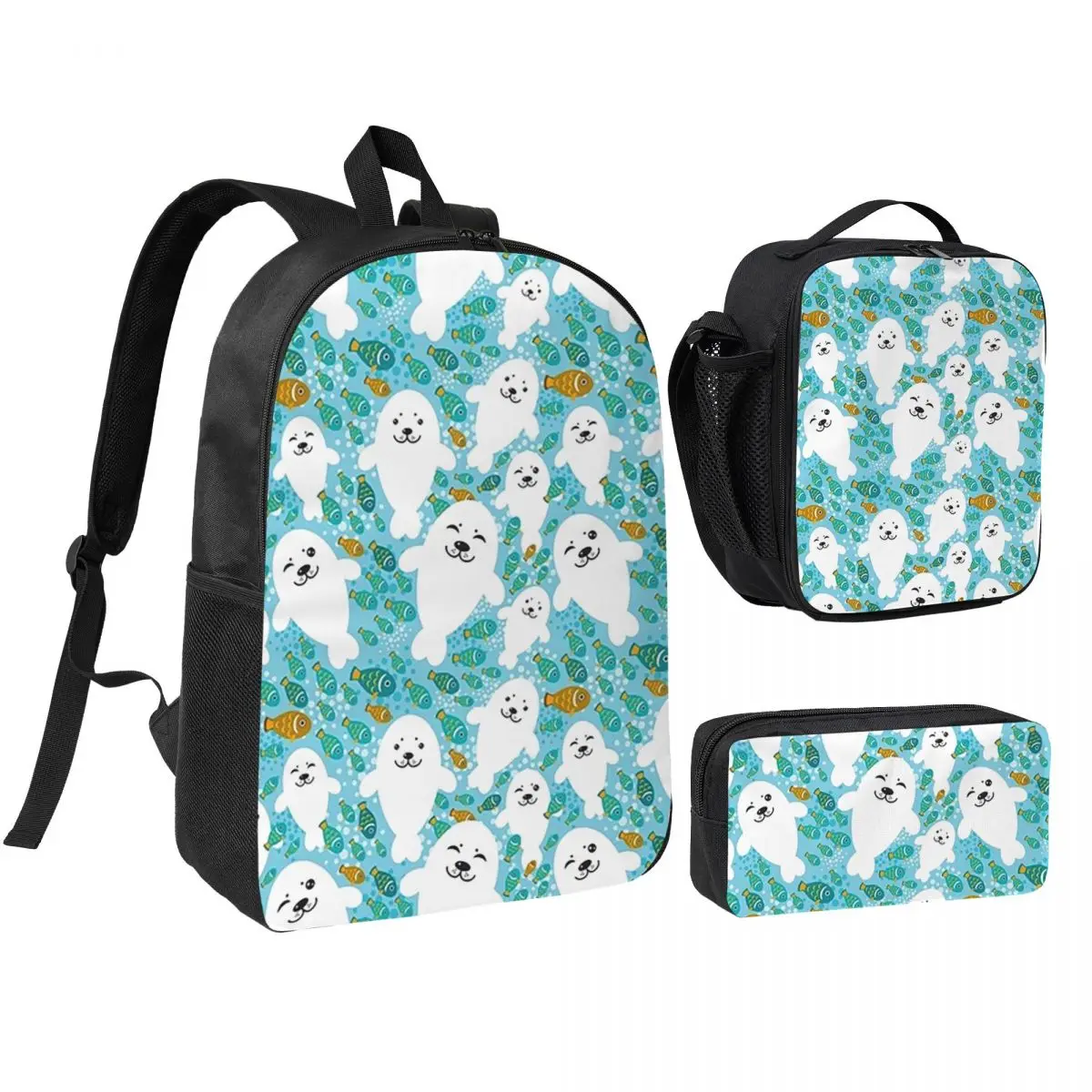 

Kawaii Cute Seal And Fish In Water Backpack Student BookBag School Bag Laptop Shoulder Bags 3ps Insulated Lunch Bag Pencil Case