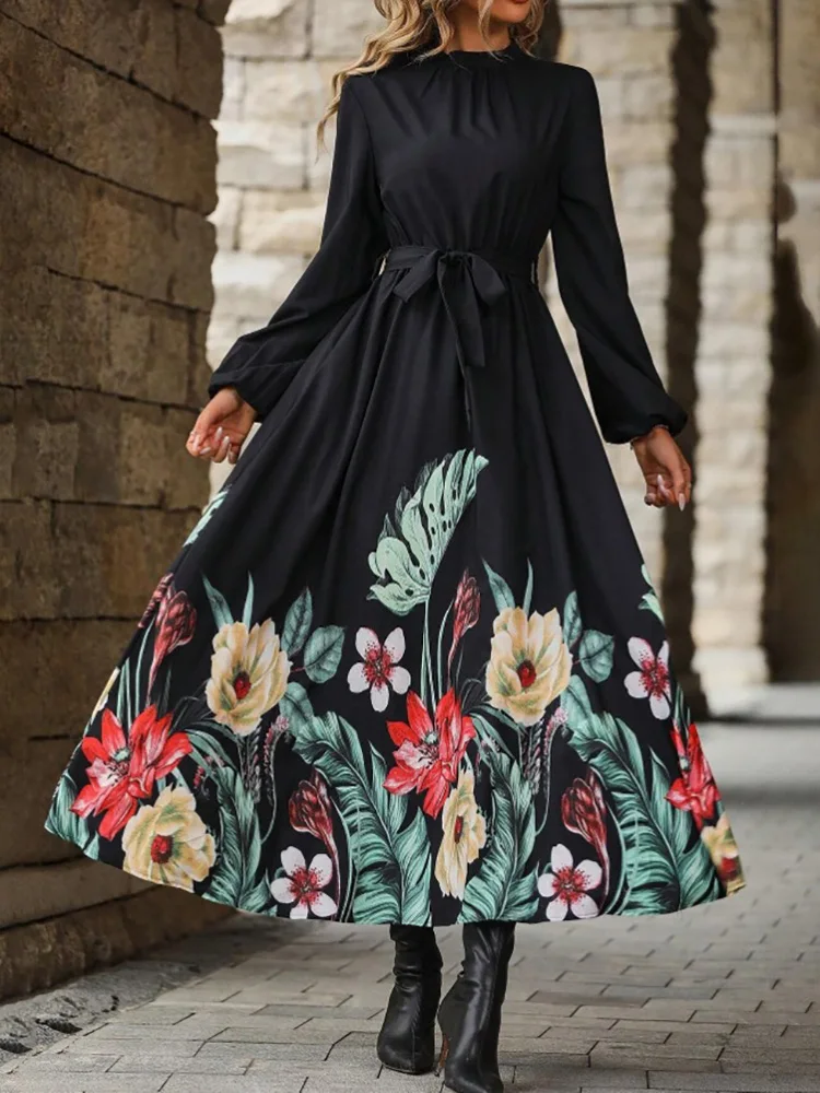 Holiday Spring Autumn Patchwork Maxi Dress, Women Long Sleeve Sashes Simple Party Dress, 2024 O Neck Print Elegant Ladies Dress