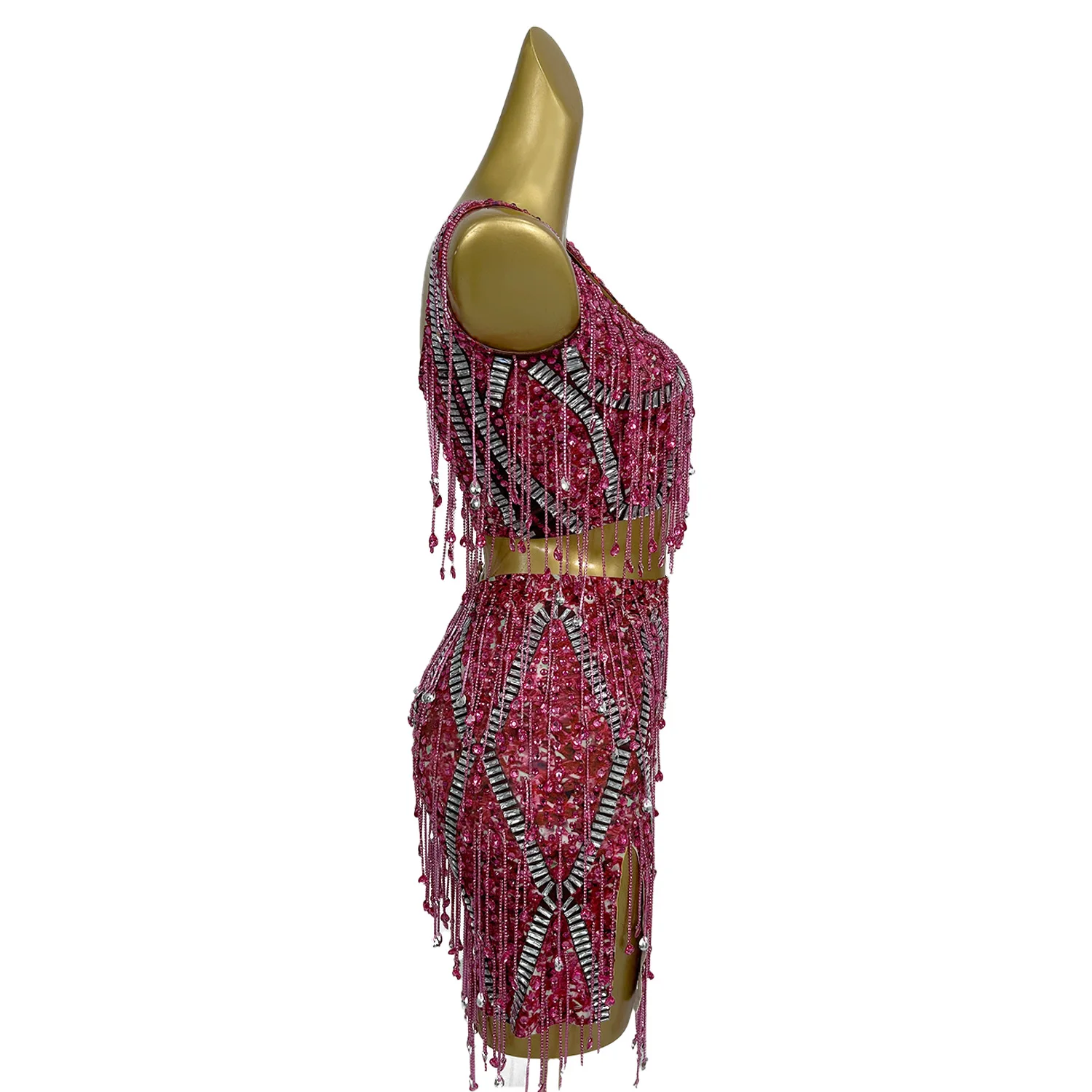 Sparkly Crystals Tassel Crop Top Mini Skirt 2 Pieces Set Women Sexy Celebrate Birthday Party Performance Dance Costume Caodi
