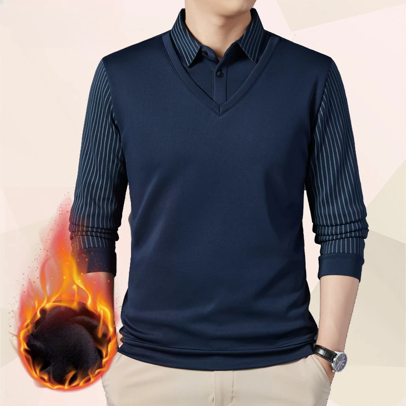 

2024 Autumn Winter Middle Age New Polo Collar Warm Plush Thickening Shirt Fake Two Pieces Business Casual Knit A148