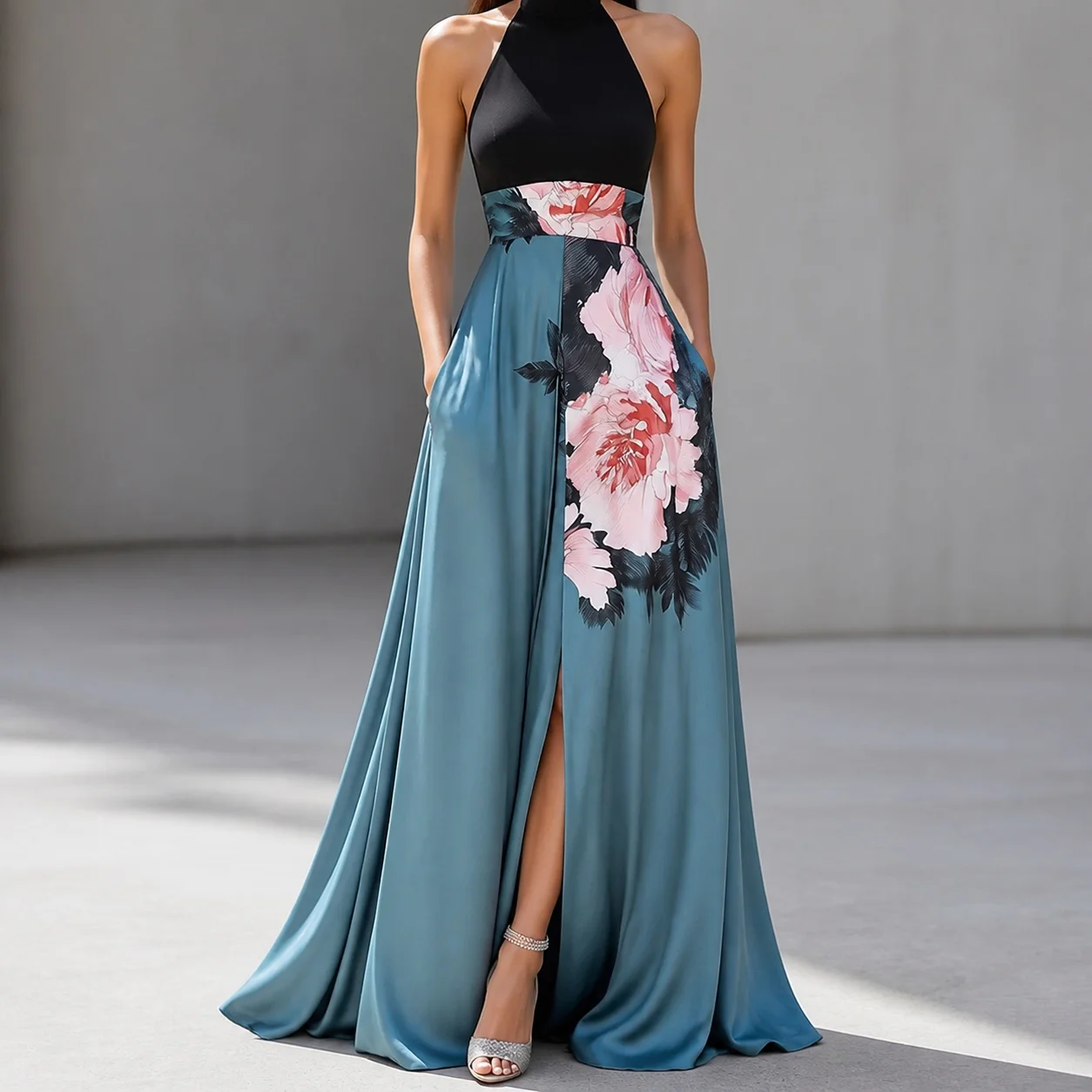 Women's Sleeveless Long High Waist Scarf Neck Printed Pleated Pull On Dress for Wedding Guest Elegant Party Prom Wedding Party