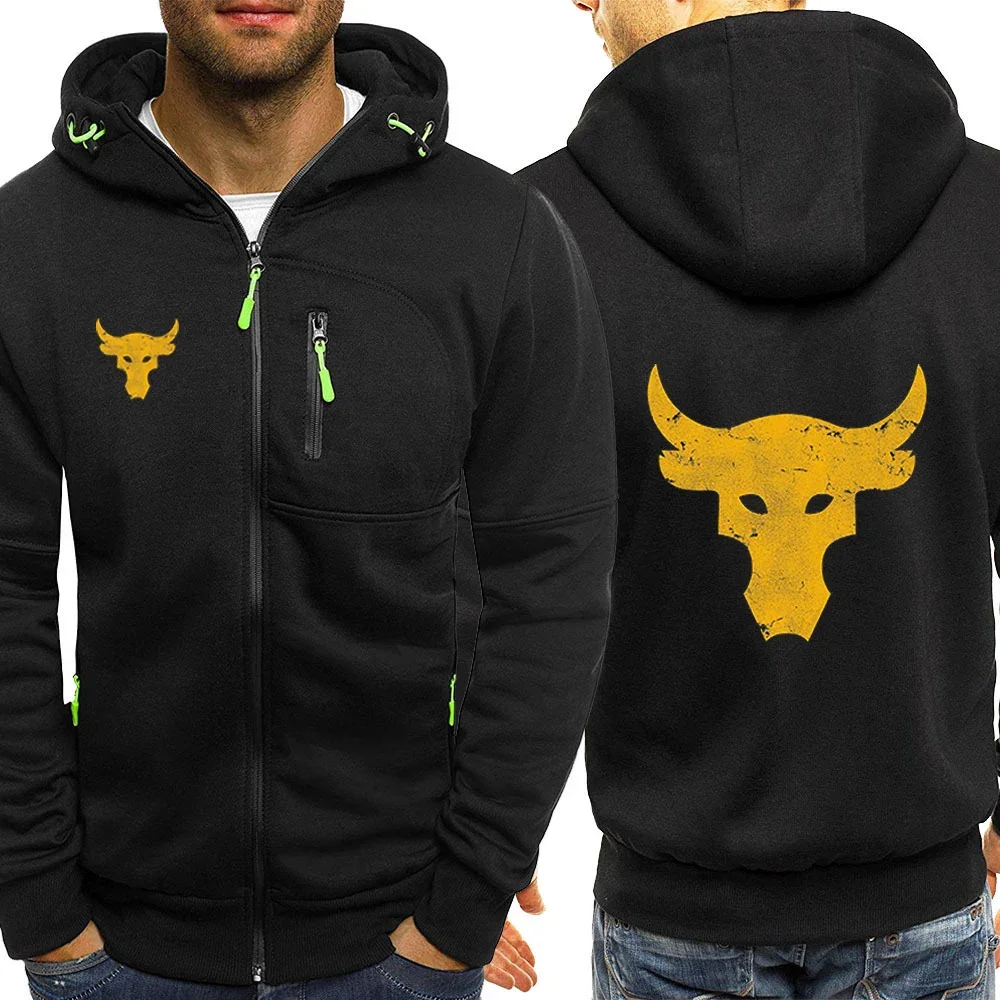 Dwayne Johnson Brahma Bull Tattoo Logo Print 2024 Spring Autumn Men's Zip Up Sports Casual Solid Color Hooded Sweatshirt Hoodies