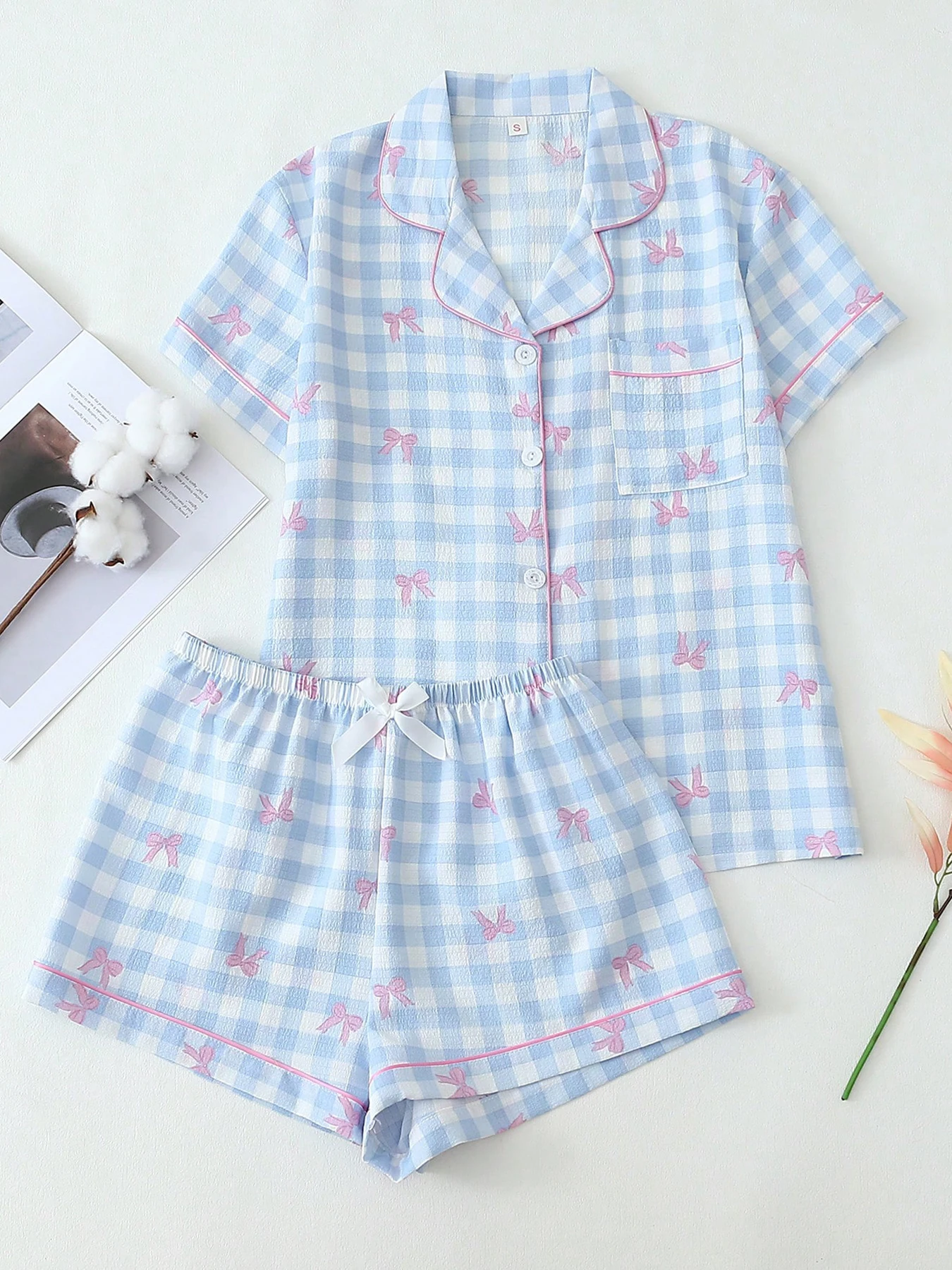 Women's 2-Piece Checkered Print Blouse And Shorts Set Sweet Button-Up Top Short Sleeve Homewear Sleepwear for All Seasons