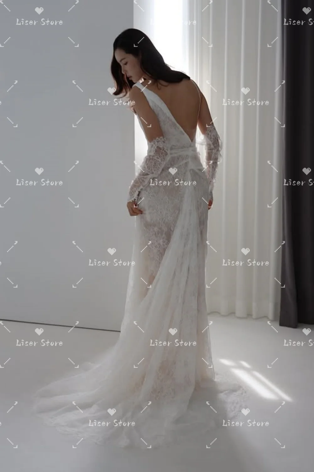 Liser Romantic A-line Sweep Train Wedding Dress Lace Backless Korea Wedding Dress Photo Shoot 웨딩드레스 2026 Customized
