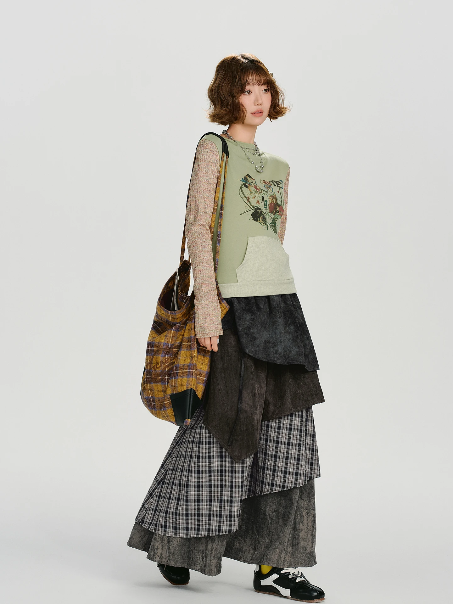 Girlyhalo American Retro Plaid Multi-layer Cake Skirt Women's Autumn New Design Sensation Small Audience Long Skirt