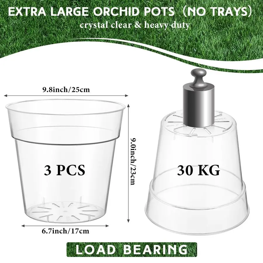 

Набор из 3 пластиковых горшков для орхидей, очень большие контейнеры для рассады с отверстиями для растений, прозрачные, 9,8 дюйма