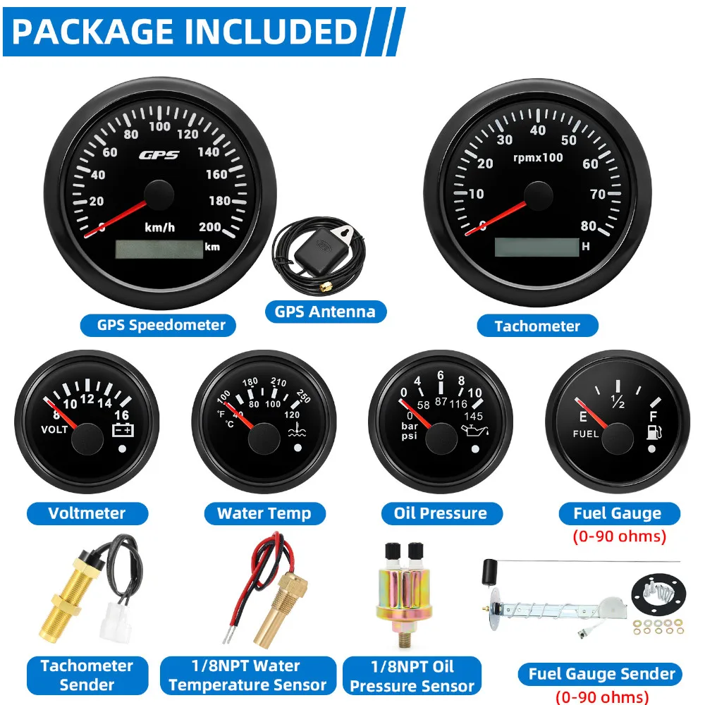 6 Gauges Set With Sensors 85mm GPS Speedometer 120kmh 200kmh 8000rpm Tachometer 52mm Voltmeter Water Temp Oil Press Fuel 0-90ohm