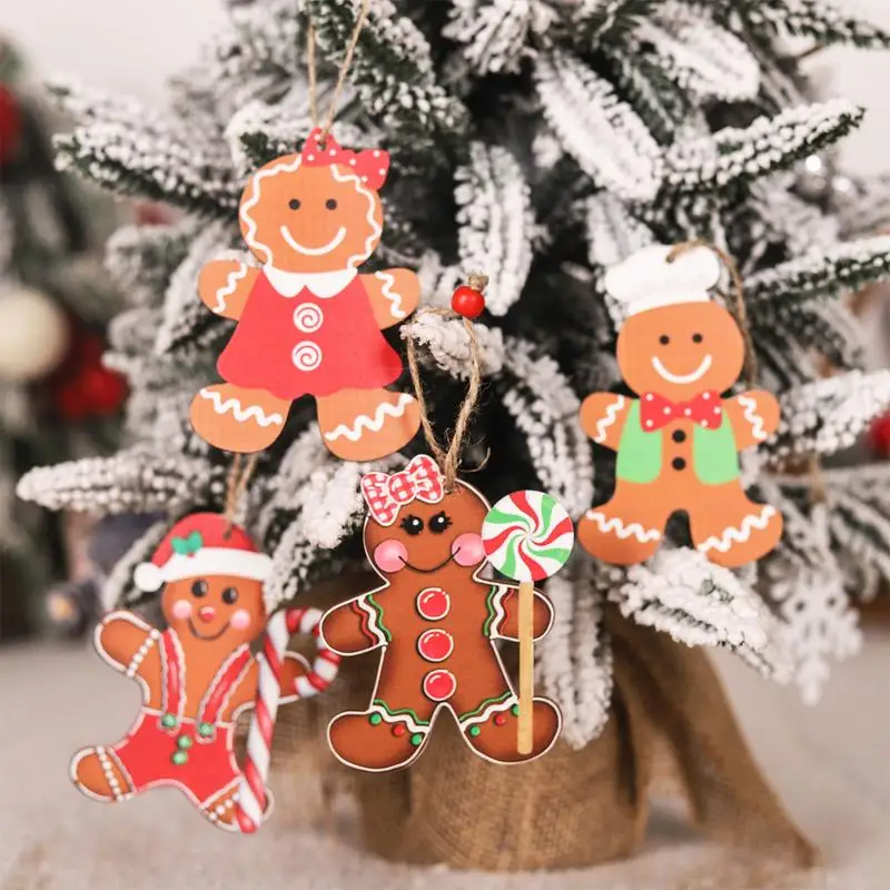 4pcs Christmas Gingerbread Man Wooden Pendant Merry Christmas Decoration For Home 2024 Xmas Tree Christmas Ornaments Navidad