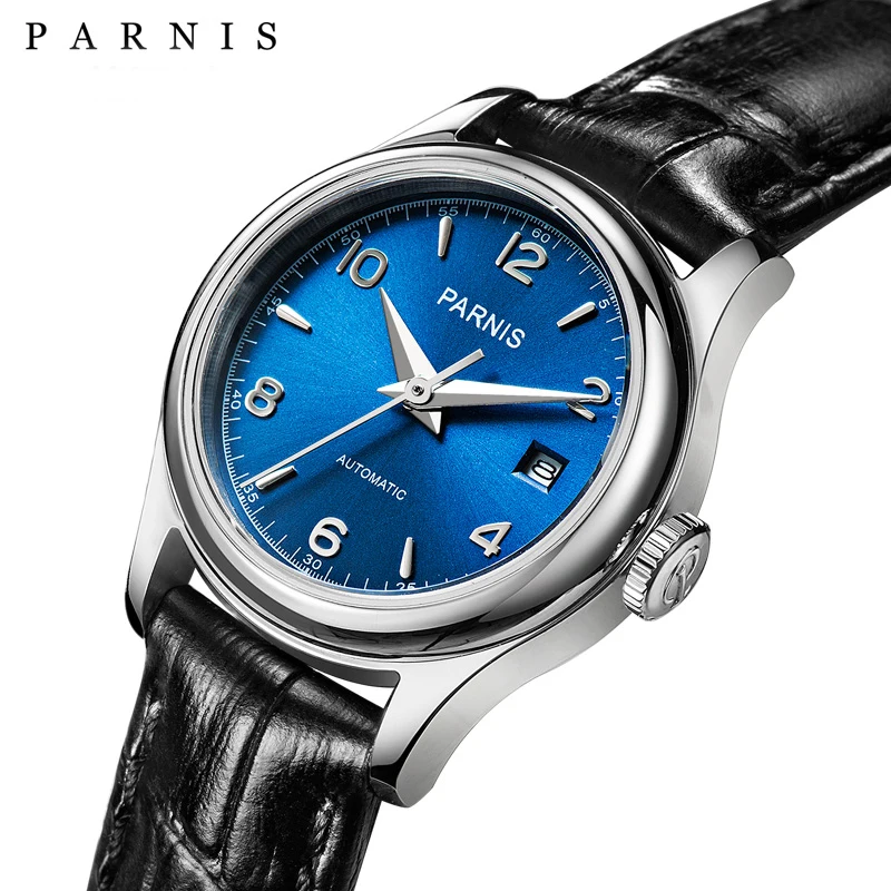 Parnis-relógio feminino com mostrador azul, automático, luxo, safira, cristal, pulseira de couro, 26mm