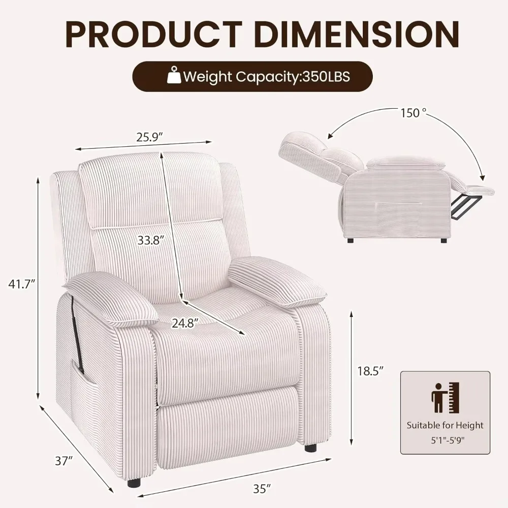 Oversized Electric Recliner Chair USB Port Side Pockets Heavy Duty Corduroy Wide Seat Living Room Furniture Beige, Custom