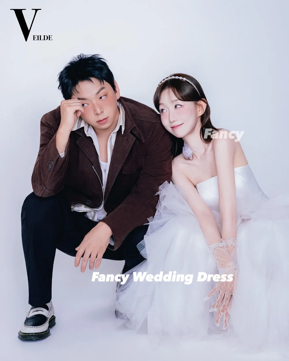 고급스러운 고품질 2피스 스트랩리스 웨딩드레스 한국 촬영용 부드러운 튤 A라인 이브닝드레스 백코르셋 맞춤제작