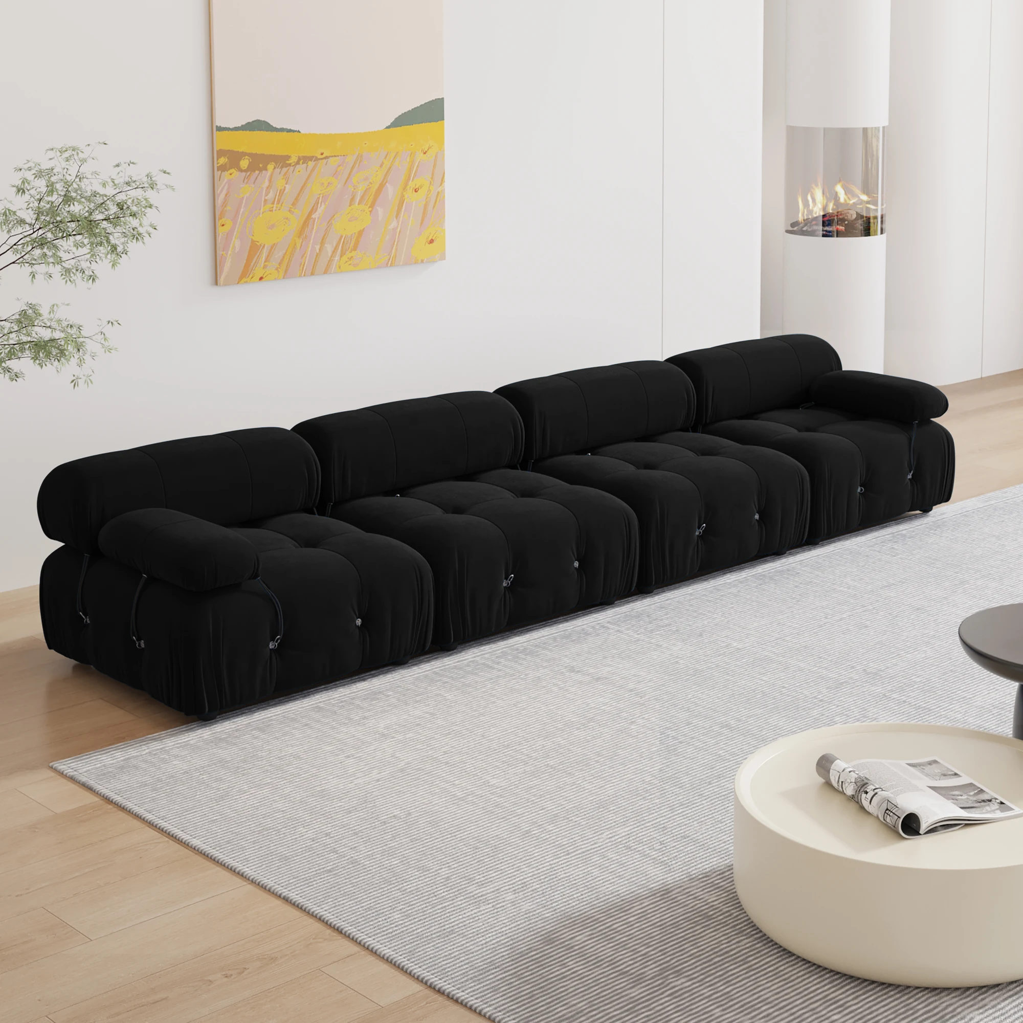 Sofá secional minimalista para sala de estar, tecido de veludo preto, sofás modulares com otomanos, lounge confortável, conjuntos de sofás