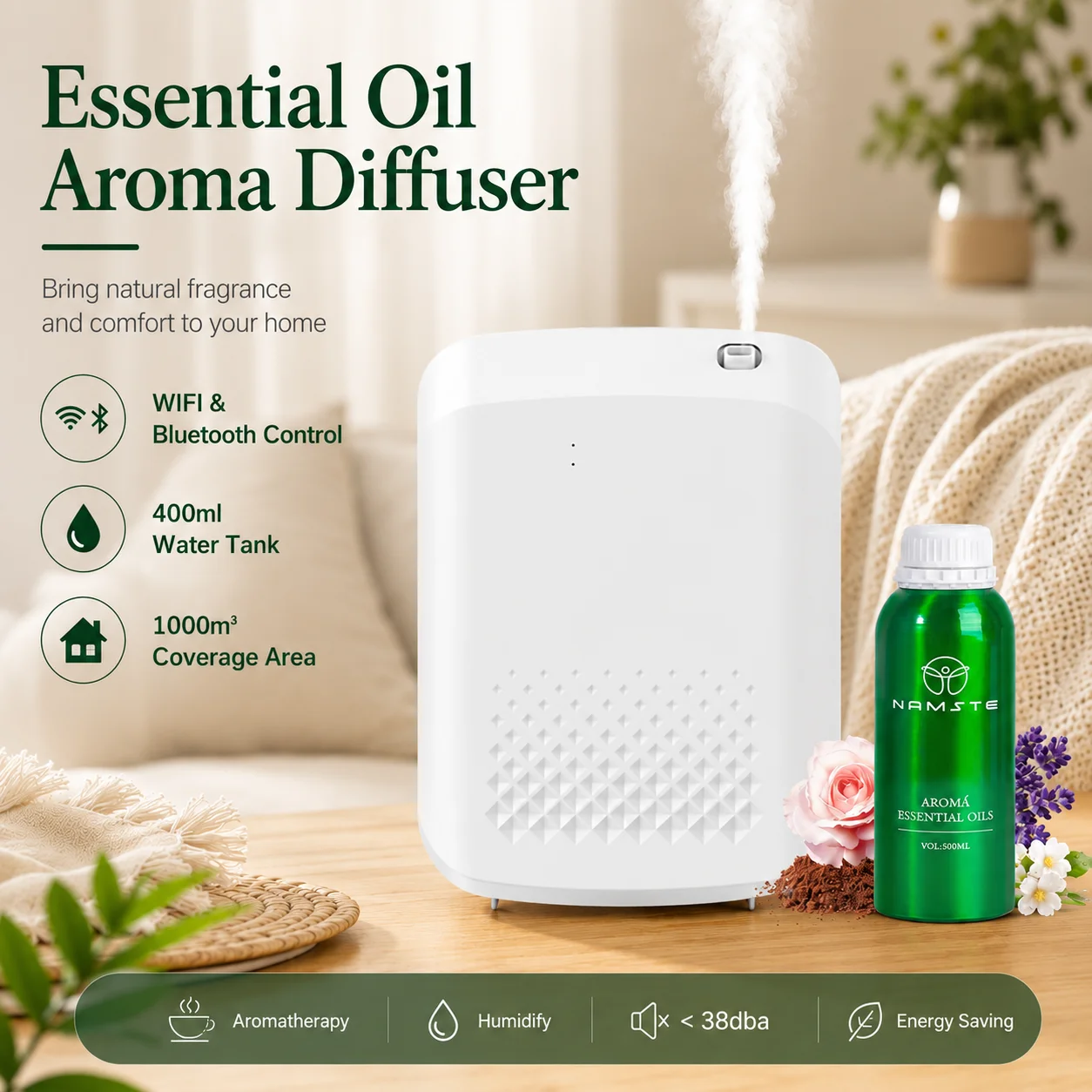 NAMSTE nuevo difusor de Aroma eléctrico Bluetooth 1000m3 difusor de aceite esencial máquina de aromaterapia dispositivo eléctrico Oasis aromático