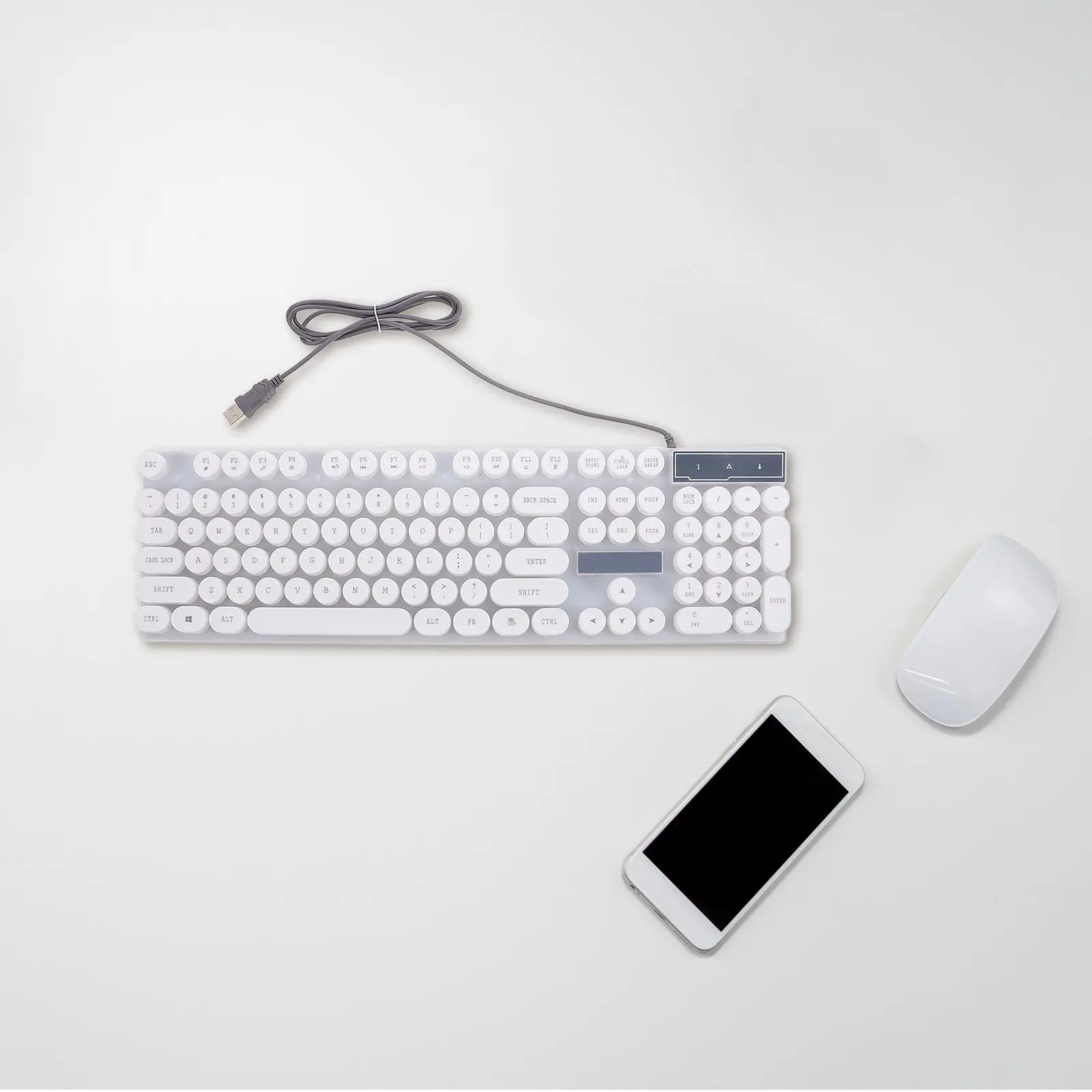 USB Glowing Computer Keyboard White Creative Round Key Comfortable Feel Portable Keyboard Mouse for Computer Phone Tablet Travel