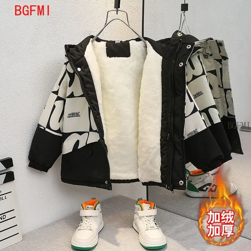 Winter Warm Teens Trench Coat Plus Velvet Thicken Overcoat Parka Jacket Kids Boys 2024 New Kids Windproof Hooded Cotton Clothing