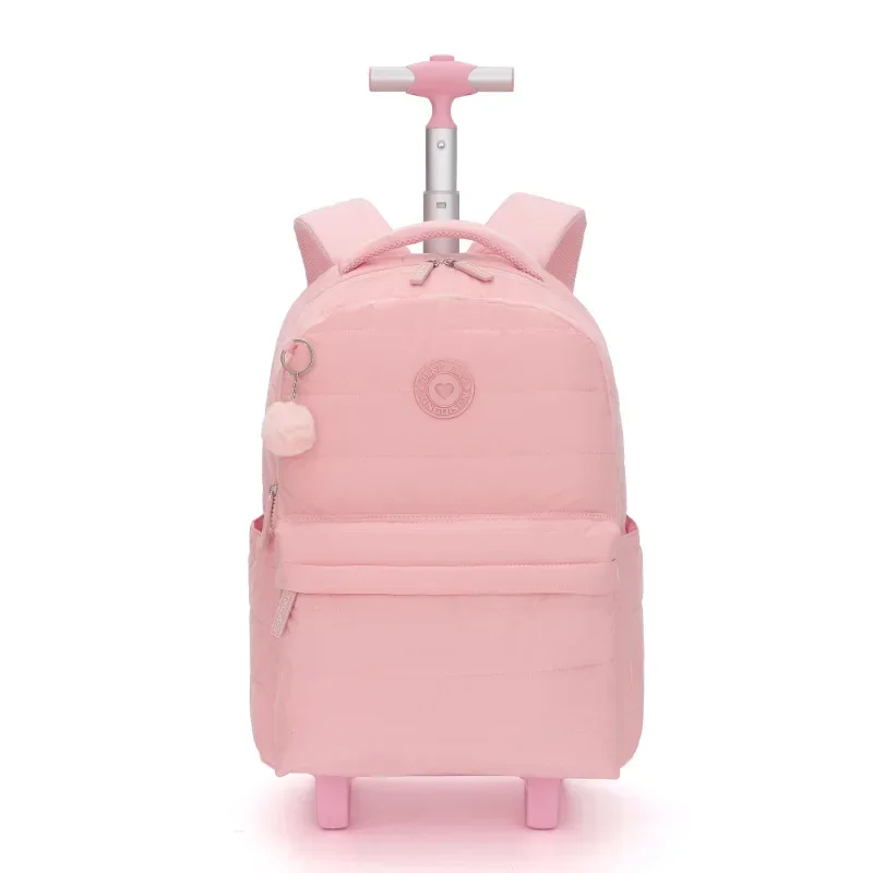 

School Bag with Wheels for Girls Boys Solid Color Backpack with Wool Ball Pull Rod Three Piece Set Pencil Case Dirt Resistant