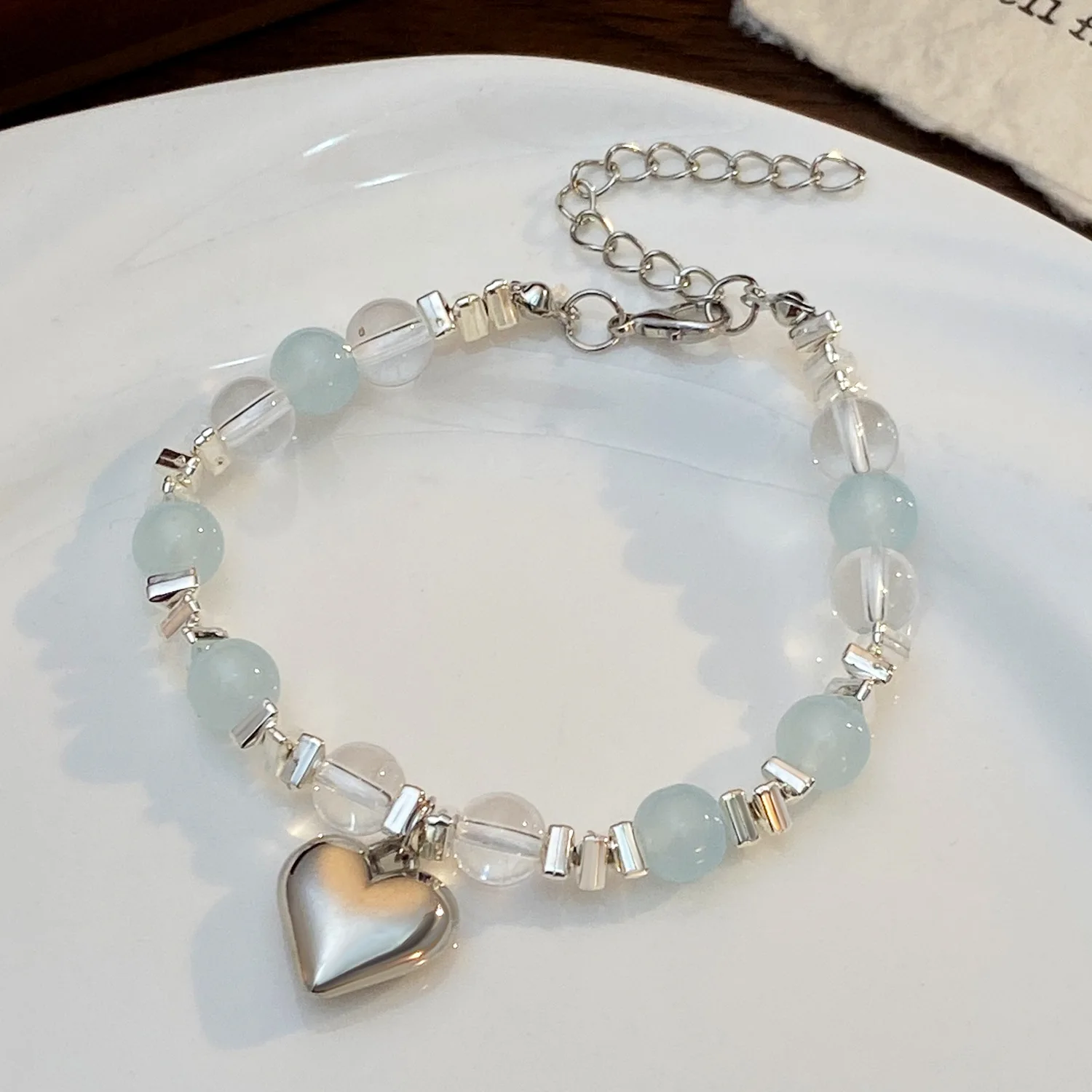 3Pc Ocean‑Theme Beaded Bracelet Set, Light Blue Round Beads Shell Starfish Heart Charms Stackable Adjustable Wrist Jewelry