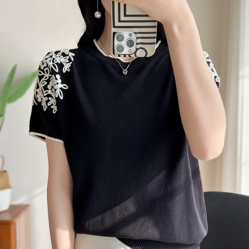 2023 Summer New Ice Silk Knitwear Round Neck Double Shoulder Embroidered T-shirt Unique Design Short Sleeve Women\'s Thin Top