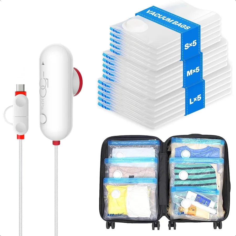 

15 Pack Travel Vacuum Storage Bags with USB Pump Vacuum Packing Seal for Lage and Suitcase Space Saver for Clothes and Clothing
