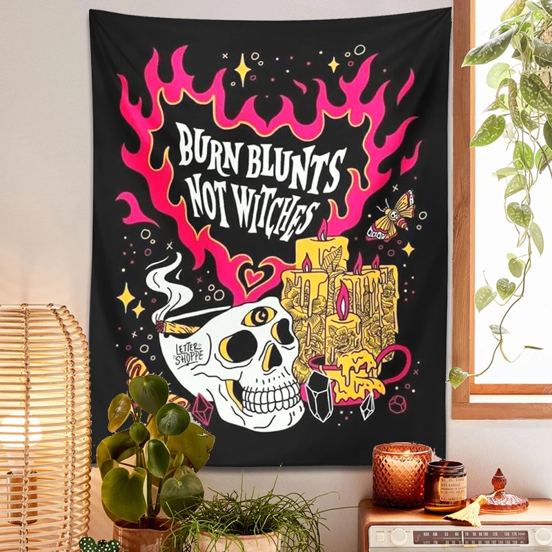 Skull Tapestry Wall Hanging Burn Blunts Not Witches Psychedelic Divination Moon Moth Tarot Moon Boho Witch Skeleton Wall Cloth