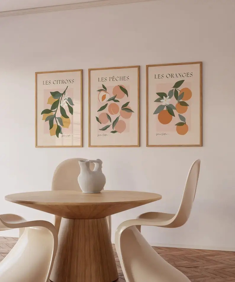 3pcs French Country Lemons Print Oranges Poster Peaches Canvas Wall Art Frameless Botanical Canvas Prints for Kitchen Decor Gift