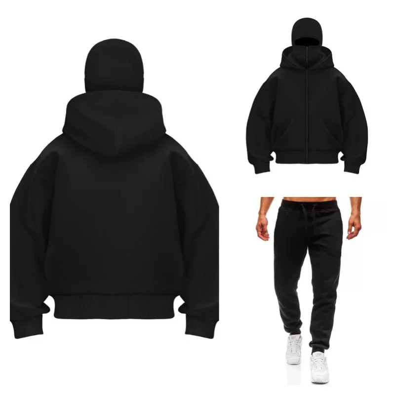 Conjunto masculino y2k gótico harajuku balaclava moletom com capuz máscara com capuz zíper roupas esportivas de inverno tamanhos europeus