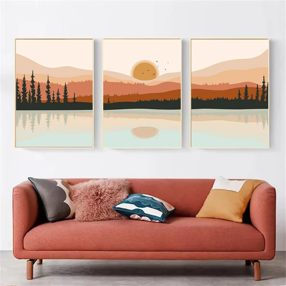 （Unframe 3PCS）-Boho Sunset Landscape Wall Art Canvas Poster Abstract Illustrations Print Painting Minimalist Picture Modern L