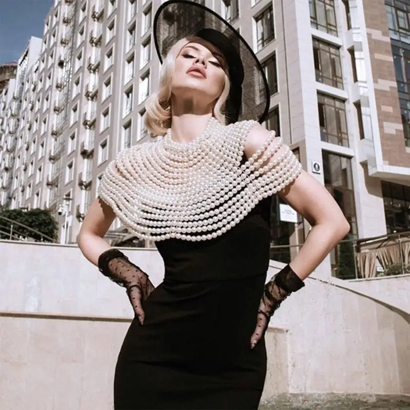 39BD Women Layered Faux Pearl Necklace Statement Adjustable Body Shoulder Chain Tops