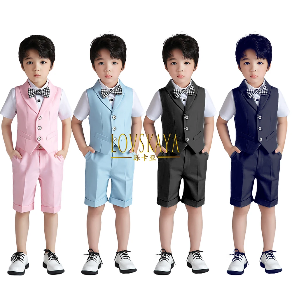 

Kids Shorts Bowtie Shirt Gentleman Formal Suits Wear Set Boys 3Pcs/4Pcs Set Plain Vest Set Wedding Birthday Wear