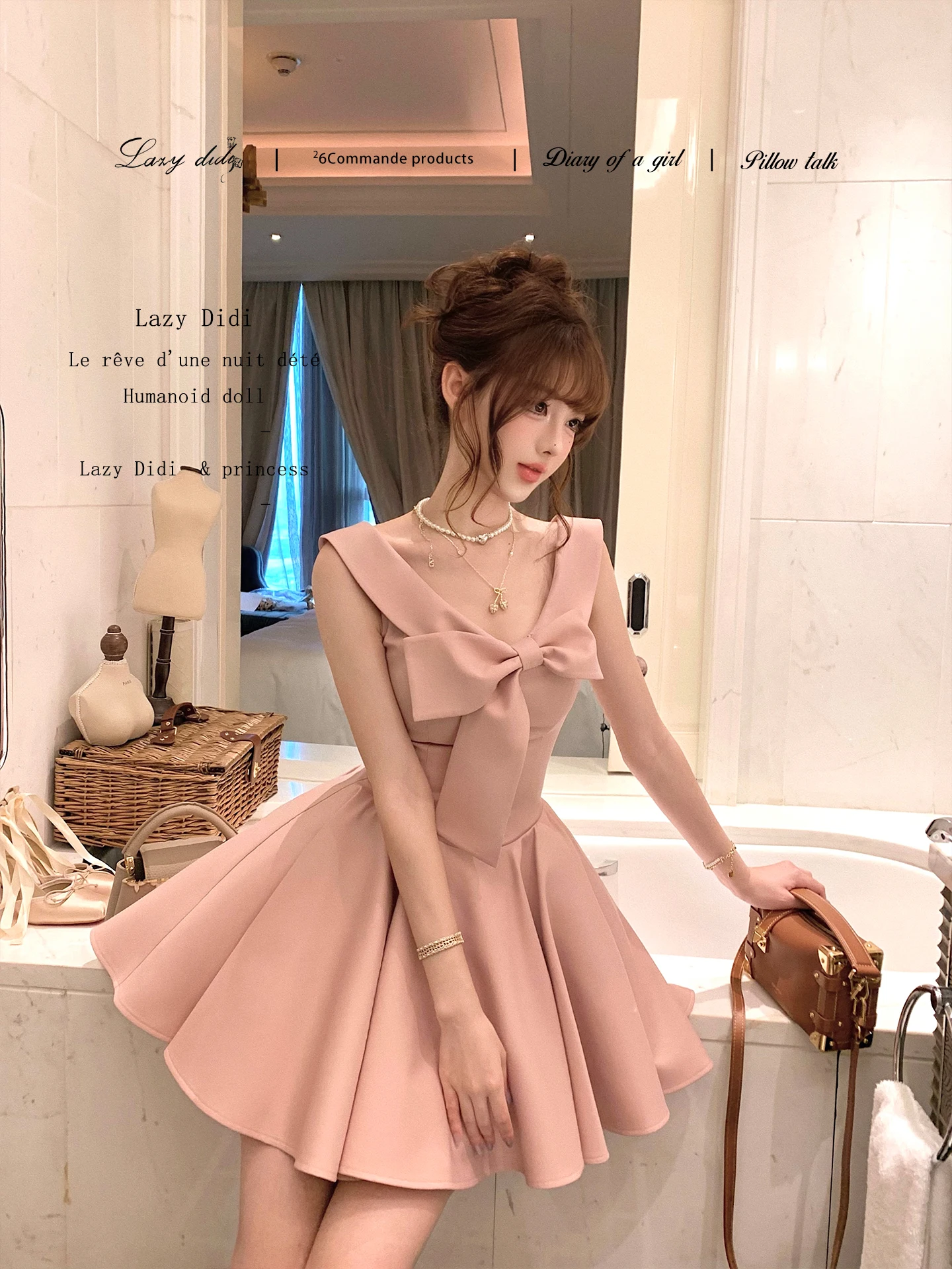 Slimming Princess Style  Knot Stand Collar A-Line Dress Soft Polyester Fabric No Stretch High Waist Zipper Back Clos...