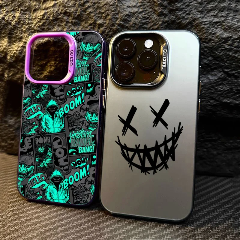 Graffiti Black Comic Style Smiling Face Phone Case For iPhone 16 15 14 13 12 11 Pro Max 7 8 Plus XR XS Max Shockproof Back Cover
