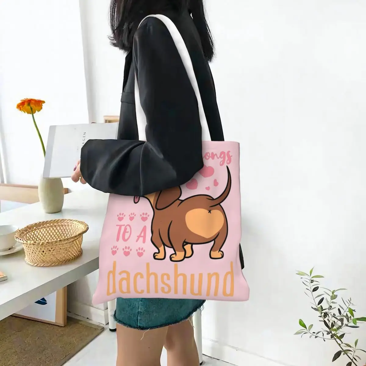 Bolsa de compras de lona para senhora, coração Dachshund, Doxie, mãe, Sacolas Wiener Dog, Bolsas Unisex