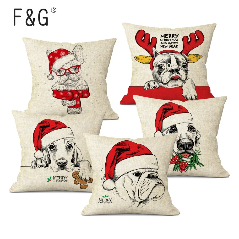 Christmas Dog Cushion Cover Cute Pug Sketch Pattern Decorative Throw Pillow Case for Car Sofa Home Decor