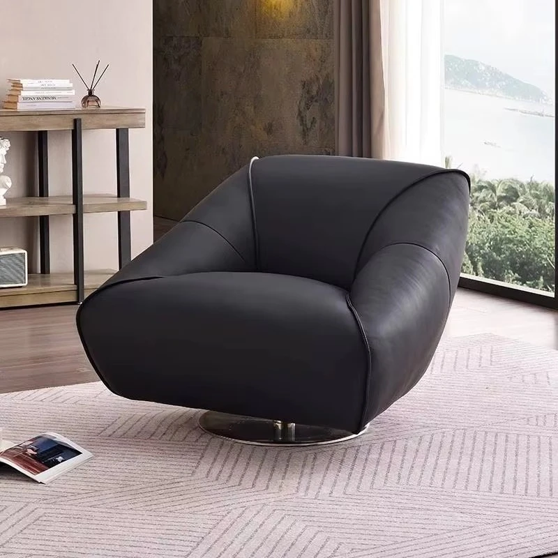 Modern leather cushioned rotating lounge chair, living room bedroom chair, ergonomic wood-framed furniture