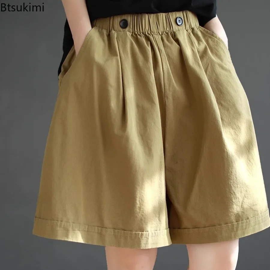 New Summer Women's Pure Cotton Shorts Retro Loose Solid Color Wide-leg Work Pants Elastic Waist Women Versatile Five-point Pants