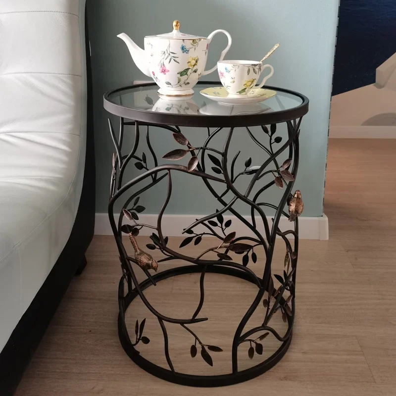 American country wrought iron old round coffee table glass tempered balcony table corner edge edge sofa side cabinet