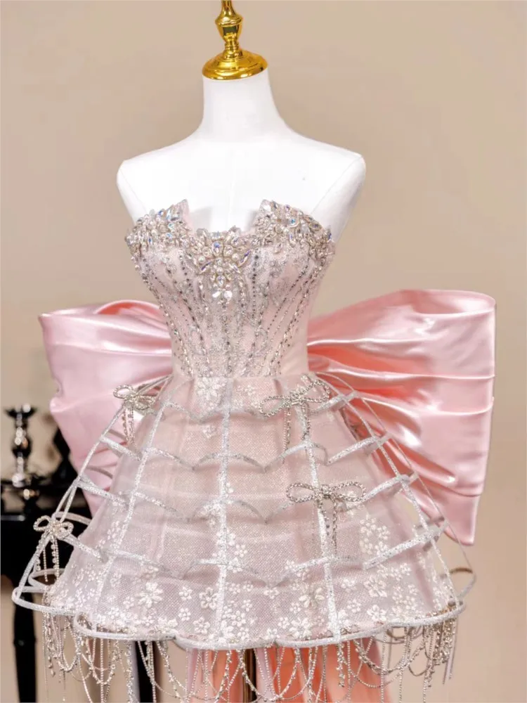New heavy-duty beaded strapless fishtail dress short banquet