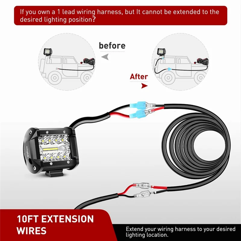 2PCS 16 AWG 10 Ft 3 Meters Wiring Harness Extension Kit Wiring Harness Extension Kit for LED Work Light Bar LED Pods