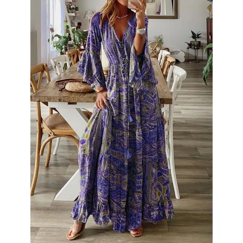 Bohemian Vintage Women's Dress Casual Women Summer Dress for Beach V-Neck Floral Printing Dresses for Woman 2023 Luxury Fashion