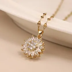 Classic Sunflower Cubic Zirconia Pendant Necklaces For Women Gold Color Alloy Rotate Necklace Daily Jewelry